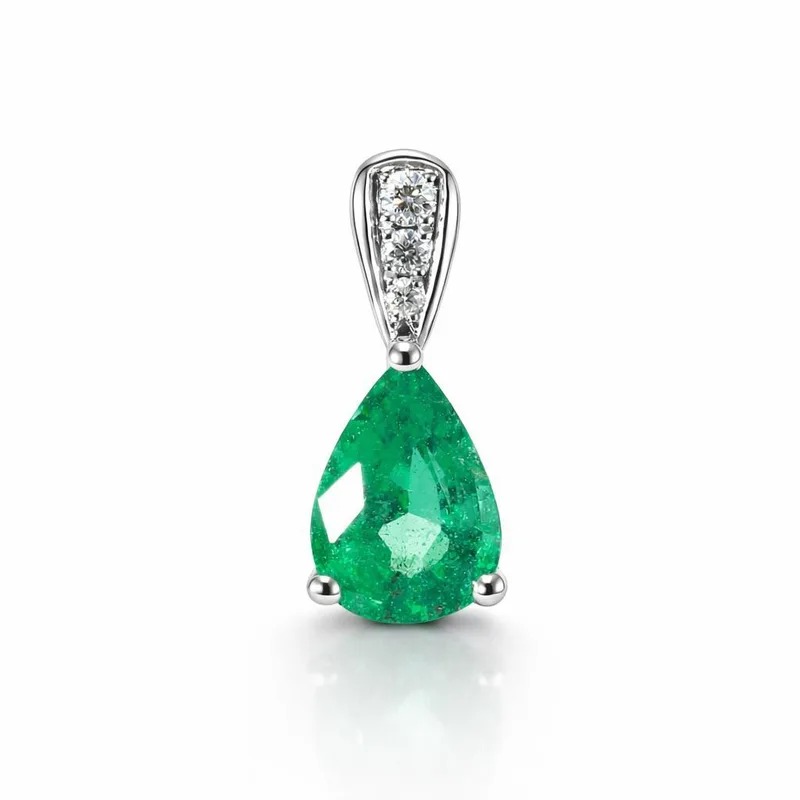 Pendentif Émeraude Verte Poire 8x6mm et Diamant en Or Blanc 750 pour femme - Bijoux Trabbia Vuillermoz